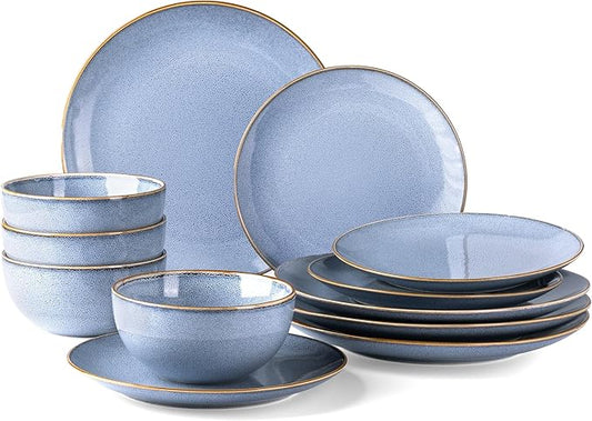GBHOME Ceramic Dinnerware Sets for 4, 12 Pieces Stoneware Plates and Bowls Sets, Reactive Glaze Dishes -Scratch Resistant, Dishwasher&Microwave Safe- Brunnera Blue