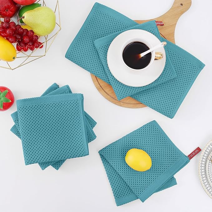 Homaxy 100% Cotton Waffle Weave Kitchen Dish Cloths, Ultra Soft Absorbent Quick Drying Dish Towels, 12 x 12 Inches, 6-Pack, Lake Blue