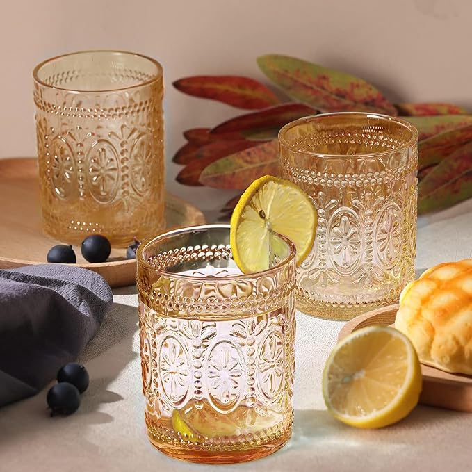 6 Pack Amber Glassware Set, 10oz Vintage Drinking Glasses, Colored Water Glasses, Amber Embossed Glass Cups for Party Wedding Home Office Gift