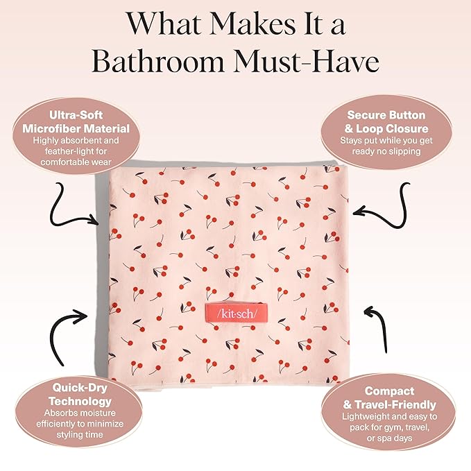 Kitsch XL Microfiber Hair Towel Wrap for Women – Ultra Absorbent Microfiber Towel for Wet, Curly, Long or Short Hair – Quick Dry, Anti-Frizz Hair Wrap – Cherry Print, 40x24 inches