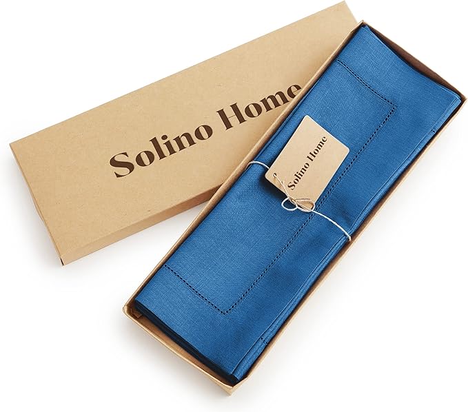 Solino Home Linen Placemats Set of 4 - Classic Hemstitch Indigo Blue Placemats 14 x 19 Inch - 100% Pure Linen Table Mats for Holiday, Winter, New Year