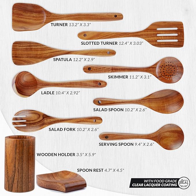 Zulay Kitchen 10-Piece Wooden Spoons for Cooking - Smooth Finish Teak Wooden Utensils for Cooking - Soft Comfort-Grip Wood Spoons for Cooking - Non-Stick Wooden Cooking Utensils - Wooden Spoon Sets
