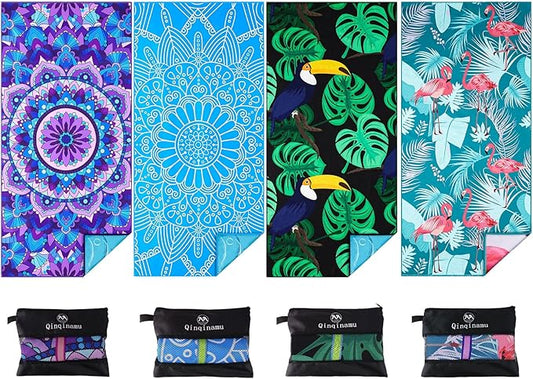 4 Pack Microfiber Thin Lightweight Beach Towel Oversized 71x32 Extra Large Sand Free Towels for Travel Swim Pool Yoga Gym Camping for Adults Women Men Beach Essentials Accessories Vacation Gift