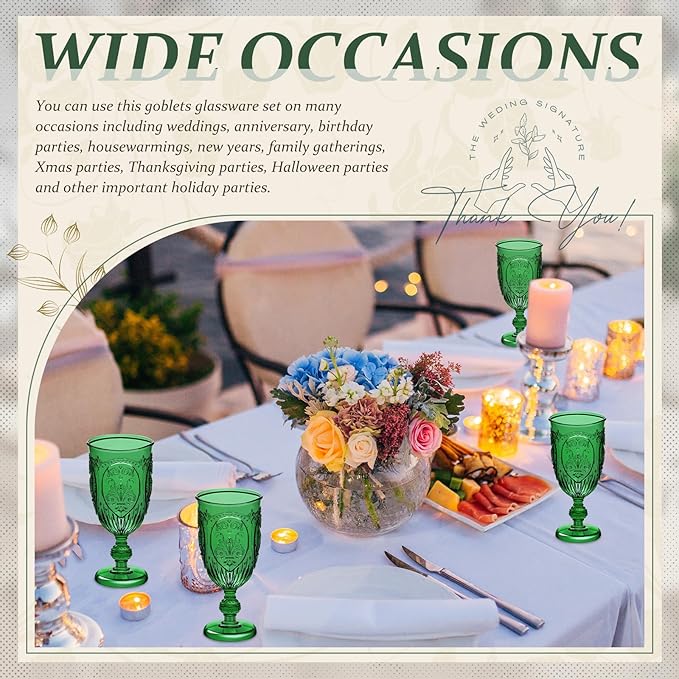 24 Pcs Plastic Goblets 7.5oz Vintage Goblet Plastic Wine Glasses Colored Retro Embossed Water Goblets for Wine Bar Juice Baby Shower Wedding Reception Grand Event Party (Dark Green)