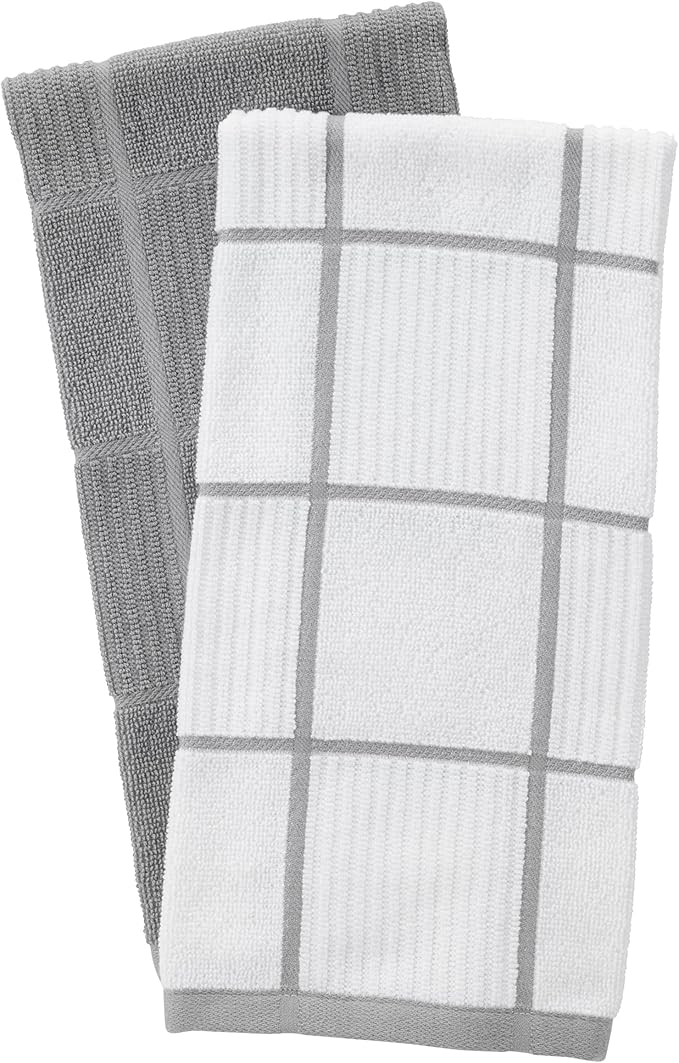 T-fal Solid & Checked Parquet Kitchen Towels: Highly Absorbent, Super Soft Long Lasting - 100% Cotton, 16"x26" Dish Towels for Cleaning & Drying Dishes, Pans, Glassware, or Countertops, (2-Pack), Gray
