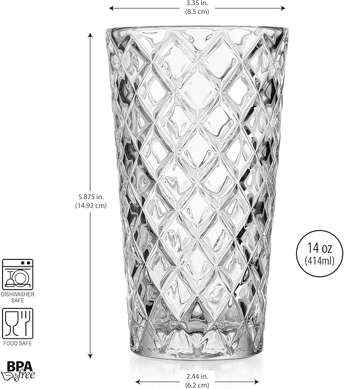Glaver's Drinking Glasses - Set of 10-14oz. Highball Glass Cups - Dishwasher Safe Cocktail - Diamond Cut Shape - Tall Beer Glasses, Water Glasses, Bar Glass, Wine, Juice, Iced Tea