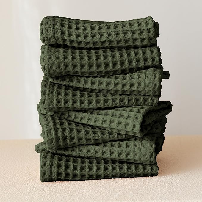 Waffle Washcloths Set of 8 Green - Premium Quality 100% Turkish Cotton Face Washcloth, Soft Makeup Towel, Shower Cloth, Kitchen Towel (Dark Green, Set of 8 Washcloths)