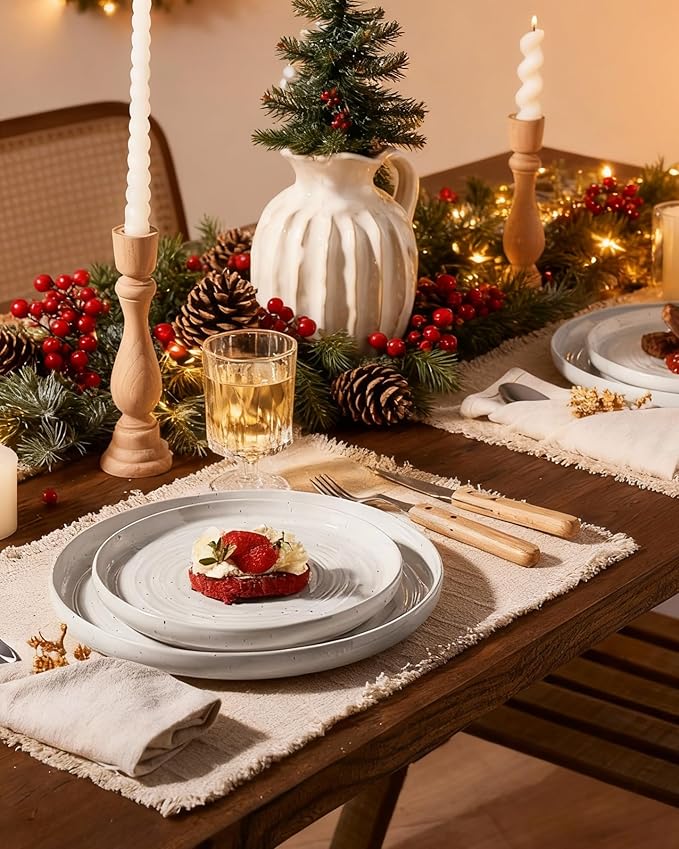 Stoneware Dinnerware Dishes Set for 8, 24 Pieces Plates and Bowls Sets, Spiral Flared Tableware with Speckles & Reactive Glaze - Microwave and Dishwasher Safe, White