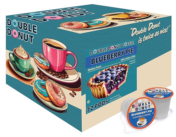 Double Donut Coffee Blueberry Flavored Coffee Pods, Medium Roast Coffee,Compatible with Keurig K Cups Brewers, 72 Cups