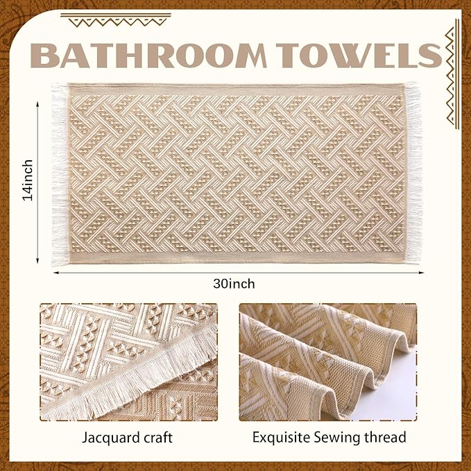 4 Pack Boho Bathroom Hand Towel 14 x 30 Inch 100% Turkish Cotton Decorative Boho Kitchen Hand Towel Farmhouse Bathroom Decor Set Absorbent Soft Guest Tea Gift(Brown,White)