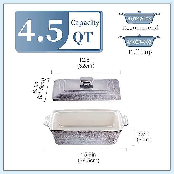 LOVECASA 4.5 Quart Ceramic Casserole Dish with Lid, 9x13 Baking Dish for Oven, Lasagna Pan Deep with Handles, Stoneware Bakeware, Oven & Dishwasher Safe, Grey