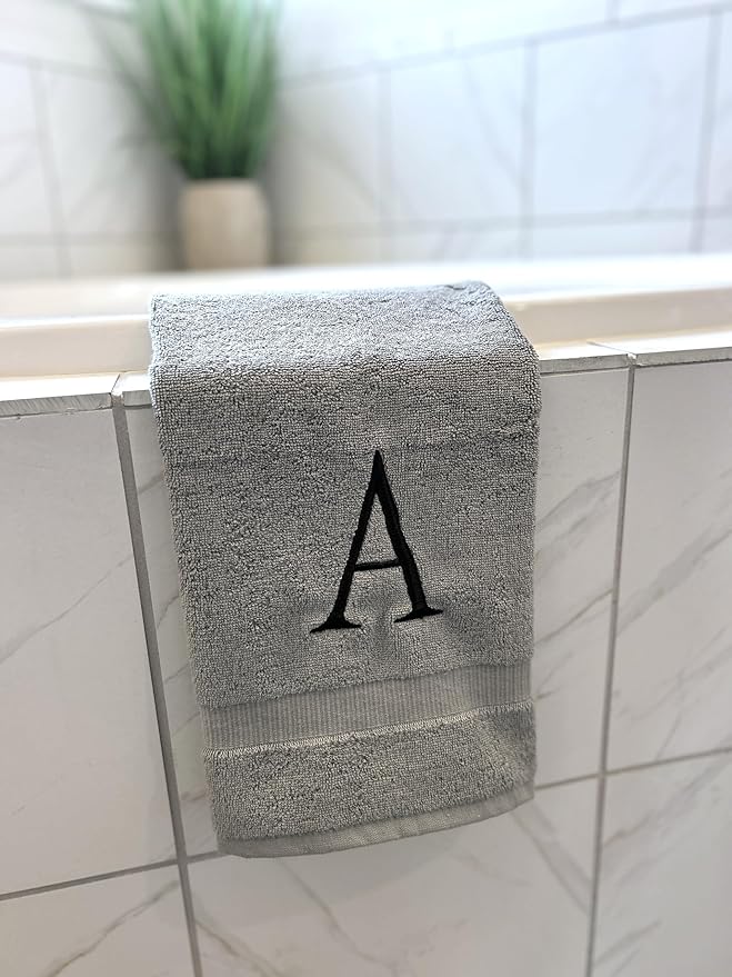Gray Initial Hand Towel for Bathroom - Monogrammed Luxury Hotel Quality Decorative Embroidered Towel for Powder Room, Spa - GOTS Organic Certified - Set of 2 Black Letter A