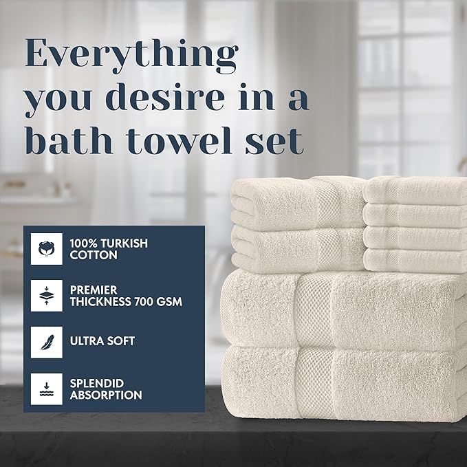 White Classic Luxury Bath Towel Set of 8 Pieces - 100% Turkish Cotton Highly Absorbent Towels for Bathroom, 2 Luxury Bath Towels 700GSM, 2 Hand Towels, 4 Washcloths, Ivory