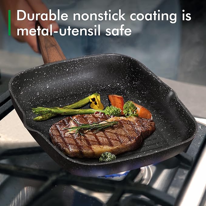 MAISON ARTS 17 Piece Pots and Pans Set Non Stick, Kitchen Cookware Sets with Nonstick Granite Stone Coating, Suitable for Induction Cooktops, Black