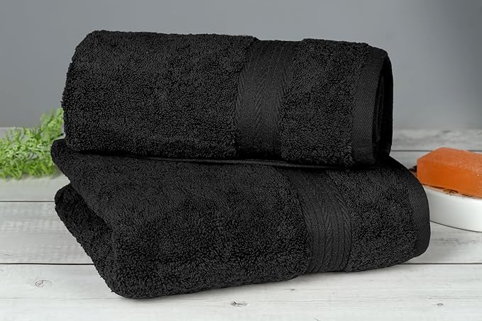 Ample Decor Hand Towels for Bathroom Set of 2, 18 X 28 Inch 600 GSM 100% Cotton, Absorbent- Black