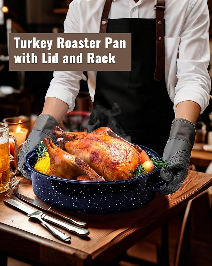 Roasting Pan with Lid and Rack 18" Deep Large Oval Enamel Roaster Pan, Oven Dishwasher Safe Non-Stick Non-Toxic Roast Pot for Turkey Steak Roasts & Bread, Wife's Christmas Gift