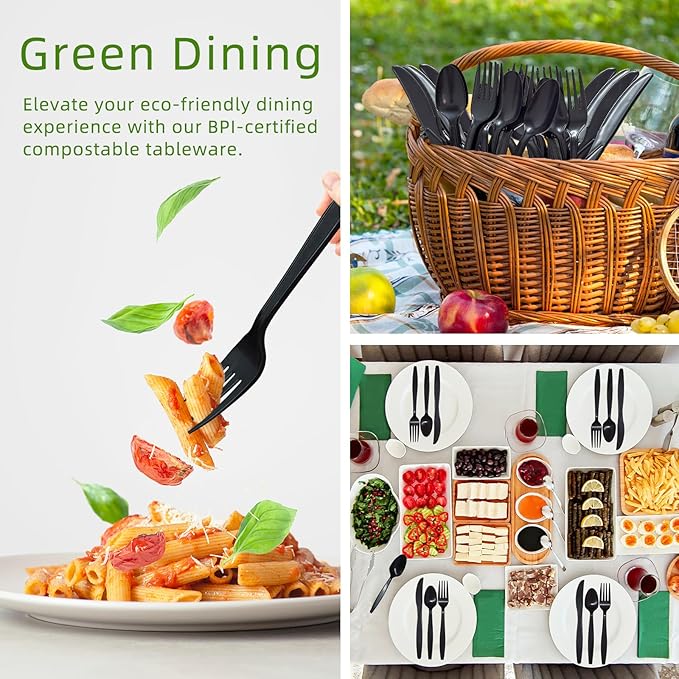 Black No Plastic Silverware, Disposable Compostable Utensils 50 Forks 50 Spoons 50 Knives Disposable Cutlery, Eco Friendly Compostable Utensils, Disposable Forks Spoons Knives Set for Party Office