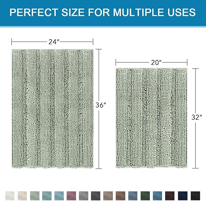 H.VERSAILTEX Bathroom Rugs Bath Mats Sets Super Absorbent Chenille Striped Bath Mats Non Skid Machine Wash Dry Rugs for Bathroom Floor Set of 2(Sage, 24 x 36 Plus 20 x 32 - Inches)