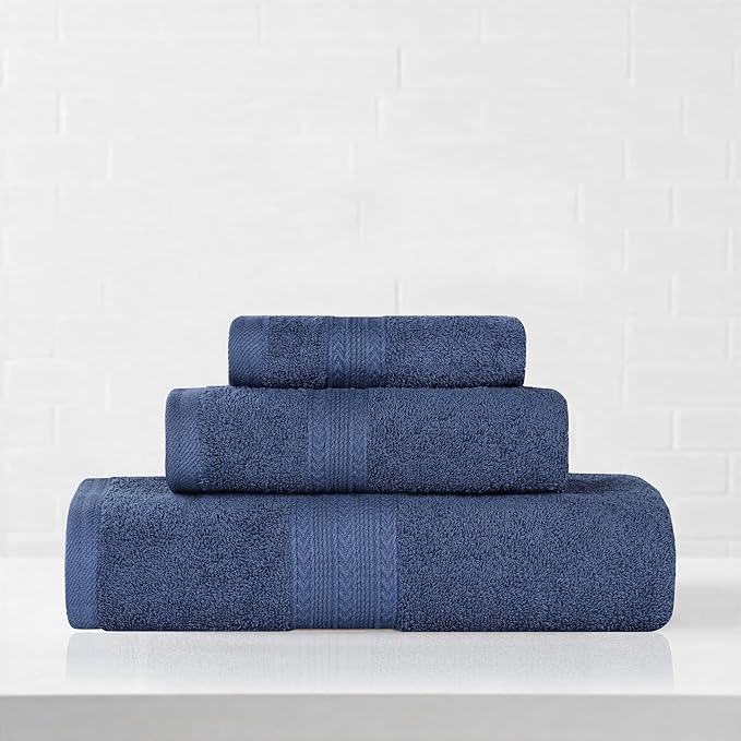 Superior Eco-Friendly Cotton 3-Piece Towel Set, Bathroom, Shower, Quick Dry Home Essentials, Lightweight, Sustainable Towels, 1 Bath, 1 Hand, 1 Face Towel, Washcloth, Highly Absorbent, Navy Blue