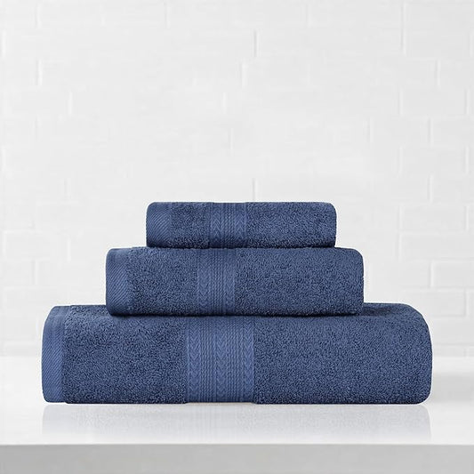 Superior Eco-Friendly Cotton 3-Piece Towel Set, Bathroom, Shower, Quick Dry Home Essentials, Lightweight, Sustainable Towels, 1 Bath, 1 Hand, 1 Face Towel, Washcloth, Highly Absorbent, Navy Blue