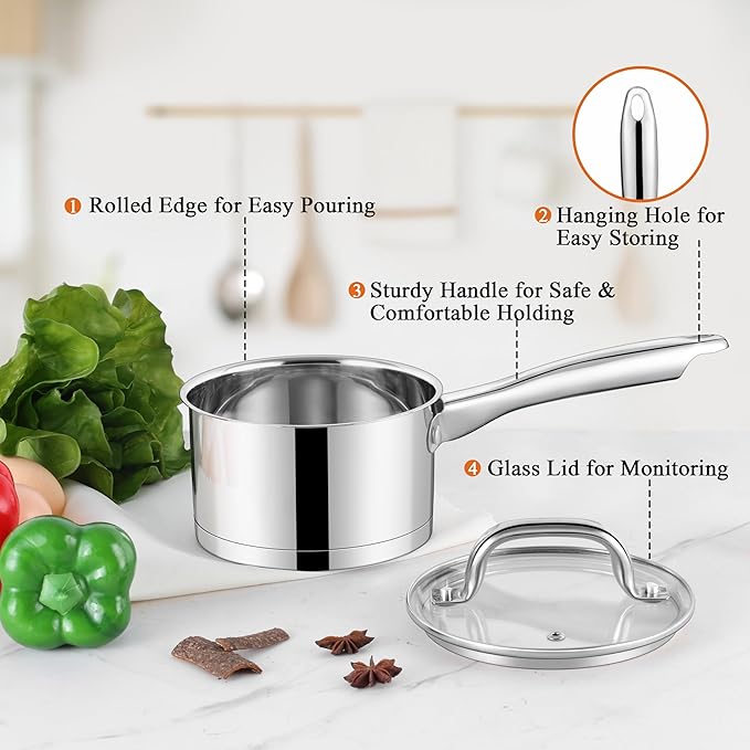 LIANYU 1 Quart Stainless Steel Saucepan, Small Sauce Pan with Lid, Tri-Ply Bottom Multipurpose Pot for Cooking, Straight Side, Dishwasher Safe, Compatible with All Cooktops