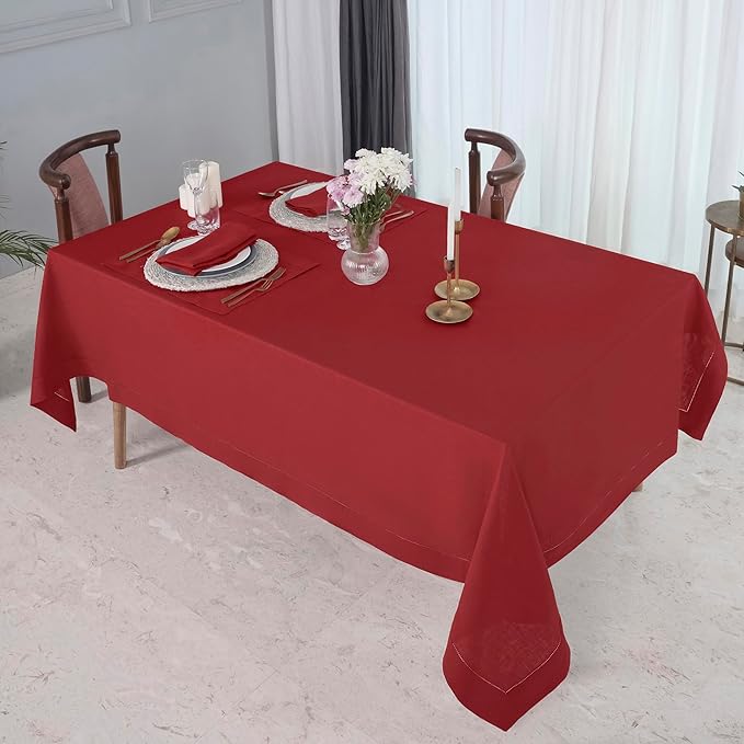 D'Moksha Homes Red Linen Tablecloth for Rectangle Tables 60 x 102 Inch - Classic Hemstitch 100% Pure Linen Red Table Cloth - Machine Washable Dining Tablecloth for Winter, Christmas, Holiday, New Year