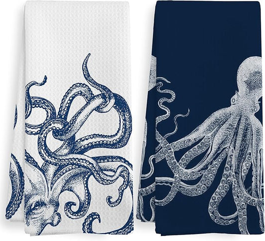 Coastal Octopus Beach Decor Dish Hand Tea Towels for Bathroom Kitchen, Octopus Ocean Nautical Beachy Bathroom Decor, Coastal Nautical Kitchen Towels and Dishcloths Sets of 2, 16x24 Inches