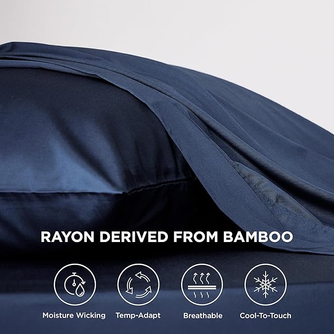 Bedsure Cooling Sheets Twin XL, Rayon Derived from Bamboo, Breathable & Soft Twin XL Sheet Sets, Deep Pocket Up to 16 Inches, Hotel Luxury Silky Dorm Bedding for Hot Sleepers, Navy