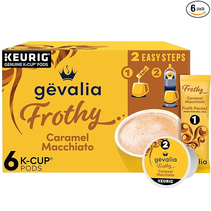 Gevalia Frothy 2-Step Artificially Flavored Caramel Macchiato Espresso Style K-Cup Coffee Pods & Froth Packets Kit, 6 ct Box