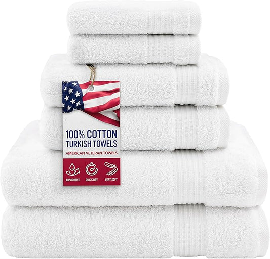Hotel & Spa Quality Super Absorbent and Soft, Cotton, 6 Piece Turkish Towel Set for Kitchen and Decorative Bathroom, Includes 2 Bath Towels 2 Hand Towels 2 Washcloths, Snow White