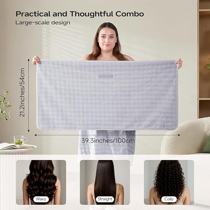 REDKISS Grey Towel Wrap for Women, XL Spa Shower Wrap with Hair Towel, Super Absorbent Bath Towels Robe for Body, Adjustable Microfiber Plush Bathrobe for Girls, Warmth Velcro Plus Size Wraps Towels