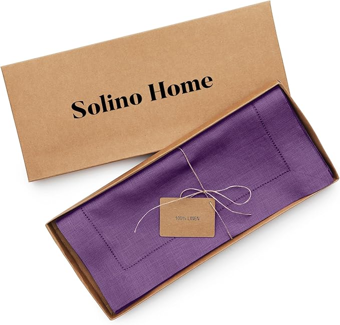 Solino Home Linen Purple Table Runner 156 Inches Long - 100% Pure Linen Extra Long Table Runner 14 x 156 Inch for Valentines, New Year - Classic Hemstitch