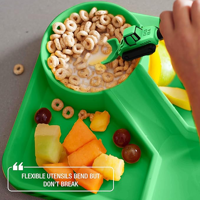 Dinneractive Green Construction Themed Toddler Utensil Set 2-Piece Set Loader & Tractor Toddler Spoons and Forks