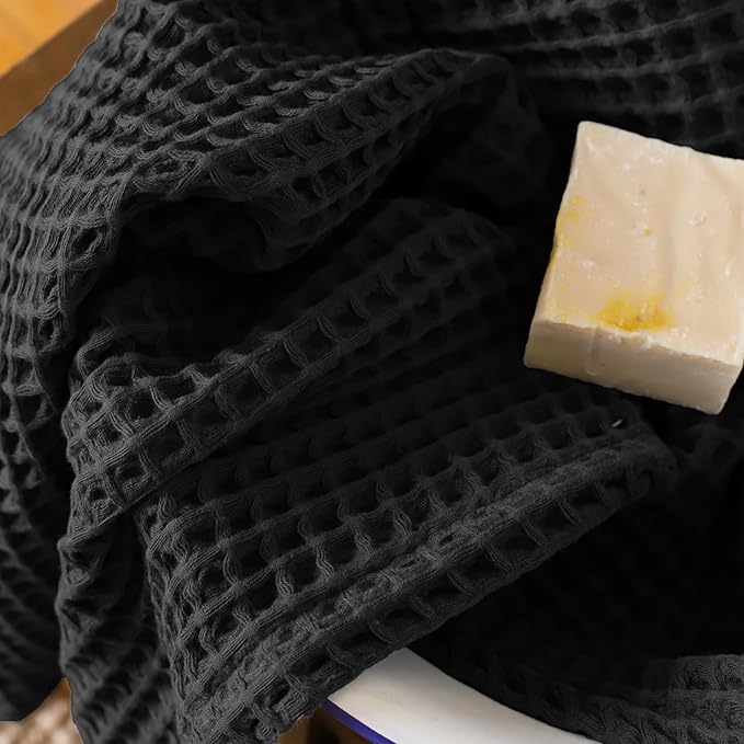 2-Piece Waffle Towels Set for Bathroom Black - Soft 100% Turkish Cotton Quick-Dry Lint-Free Waffle Weave Thin Bath and Hand Towels (Black, Set of 2 Mix Towels)