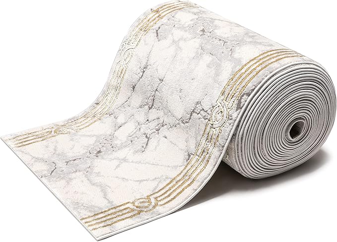 Well Woven Custom Size Hallway Stair Runner - Made-to-Measure - Fairmont Collection Lezlee Ivory Gold Abstract Marble Border 2x25 (2'2" x 25' Runner)