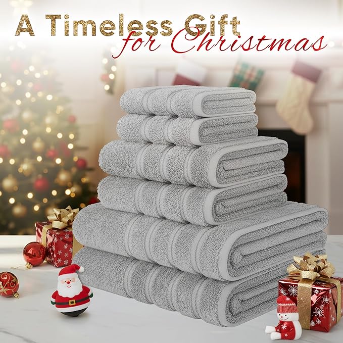 American Soft Linen Luxury 6 Piece Towel Set, 2 Bath Towels 2 Hand Towel 2 Washcloths, 600 GSM 100% Cotton Turkish Towels for Bathroom, Light Grey Towel Sets
