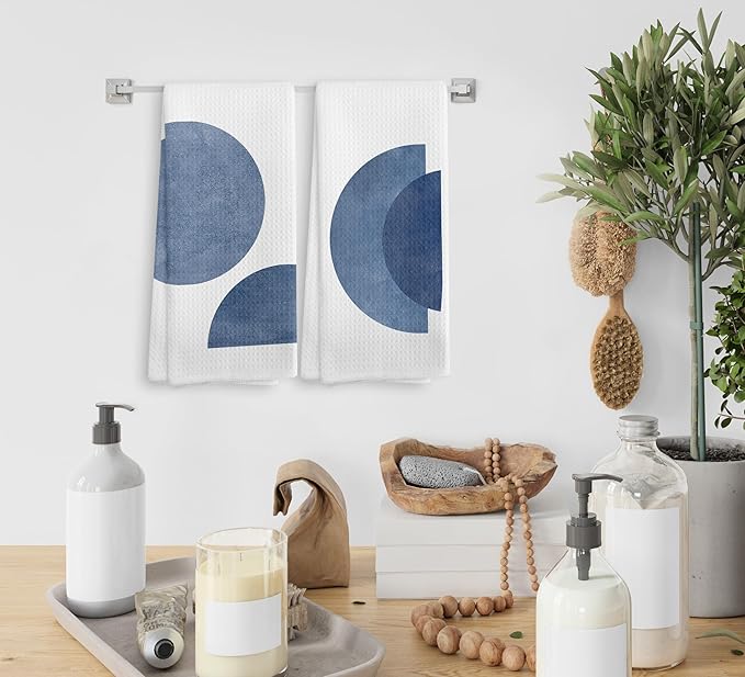 Bohemian Blue Circle Kitchen Towels and Dishcloths Set of 2, Abstract Flower Decorative Hand Towels, Blue Botanical Drying Cloth Towels for Bohemian Bathroom, 1624 Inches