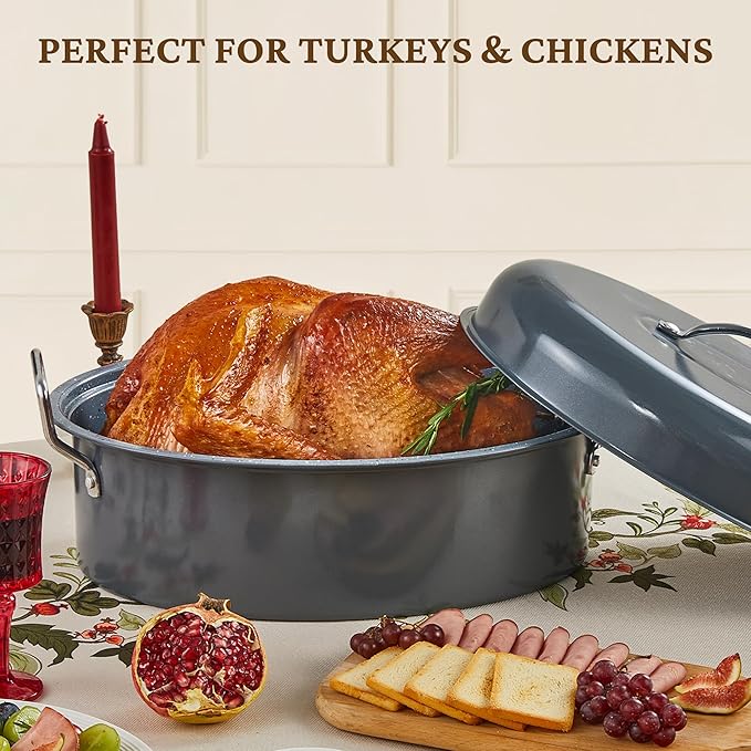 BRONYPRO Large Turkey Roasting Pan with Lid & Rack, 18-Inch Durable Granite Non-Stick Roaster, 20 lb Capacity for Roasting Turkey, Chicken, or Vegetables, Light Gray