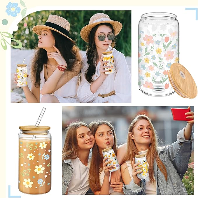 Mumufy Gift for Women Cute Glass Cup Tumbler Flower Iced Coffee Mugs 16 oz Glass with Bamboo Lid & Straw, Mothers Day Birthday Gift for Mom Sister Bridesmaid Baby Shower(4 Pack, Pastel Flower)