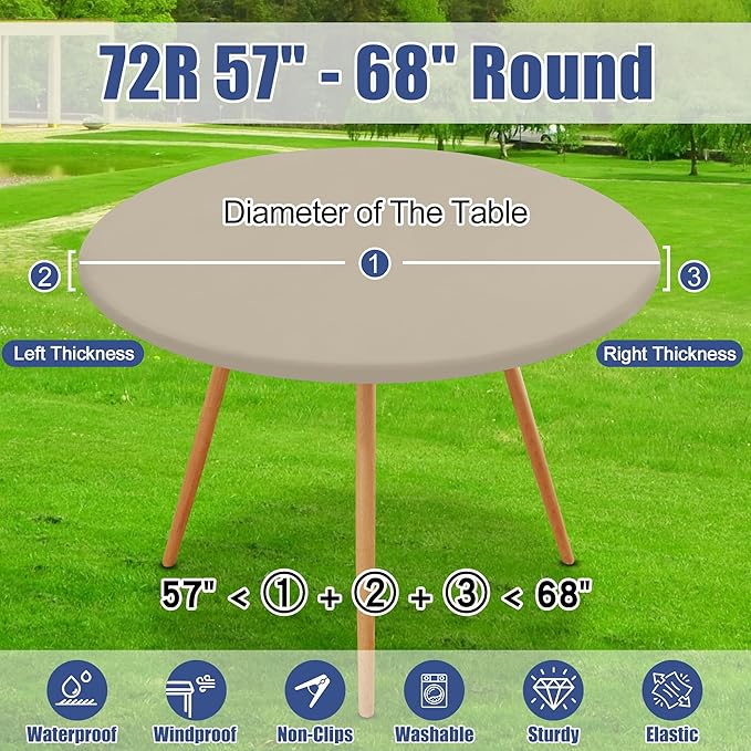 Round Spandex Tablecloth, Elastic Fitted Waterproof Tablecloths for 57"-68" Tables, Stretch Washable Picnic Table Cover for Camping, Dining, Indoor and Outdoor, Taupe