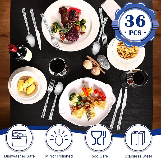 E-far 36-Piece Hammered Forks Spoons and Knives Set, Silverware Set for 12, Stainless Steel Square Flatware Set for Home Kitchen Restaurant, Mirror Polished & Dishwasher Safe