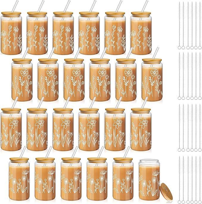 Mumufy 24 Pack Gift for Women Cute Glass Cup Tumbler Flower Iced Coffee Mugs 16 oz Glass with Bamboo Lid & Straw, Mothers Day Birthday Gift for Mom Sister Bridesmaid Baby Shower (Boho Floral)