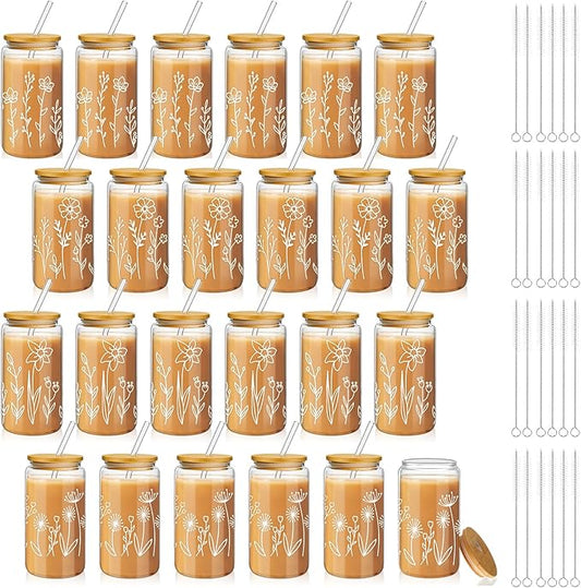 Mumufy 24 Pack Gift for Women Cute Glass Cup Tumbler Flower Iced Coffee Mugs 16 oz Glass with Bamboo Lid & Straw, Mothers Day Birthday Gift for Mom Sister Bridesmaid Baby Shower (Boho Floral)