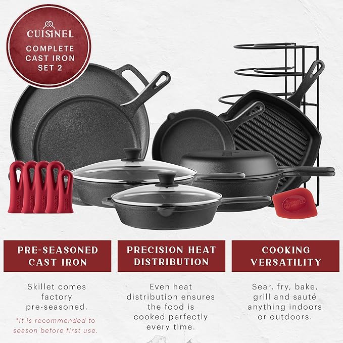 Cuisinel Cast Iron Cookware Set - Complete Pre-Seasoned Kit - 8" Skillet & 10" + 12" Skillets with Glass Lid + Grill Pan + Multi-Cooker/Dutch Oven + Flat Griddle + Pizza Pan + Organizer Rack - 2024