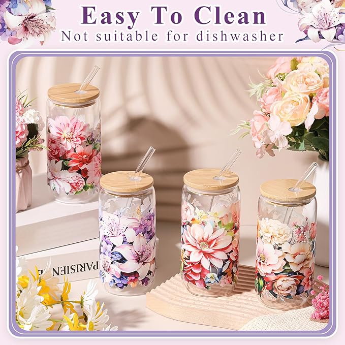 Mumufy 4 Pcs Gift for Women Bloom Floral Elegant Glass Cup Tumbler Blooming Garden 16 oz Iced Coffee Glass with Bamboo Lid & Straw, Mothers Day Birthday Gift for Mom Sister Bridesmaid Baby Shower