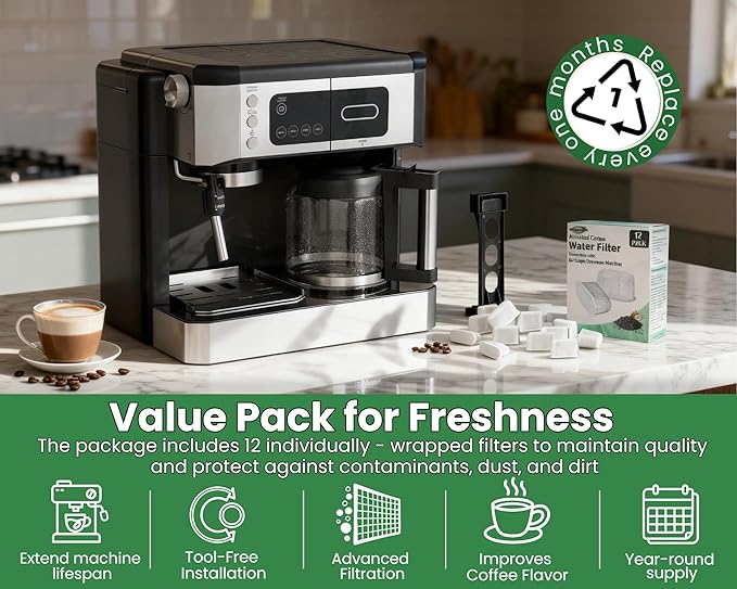 12 Pack Activated Charcoal Water Filter for Delonghi Espresso Machine COM530M, COM532M, BCO430 and More | Compatible with Delonghi Filter Replacement Accessories 7313285779