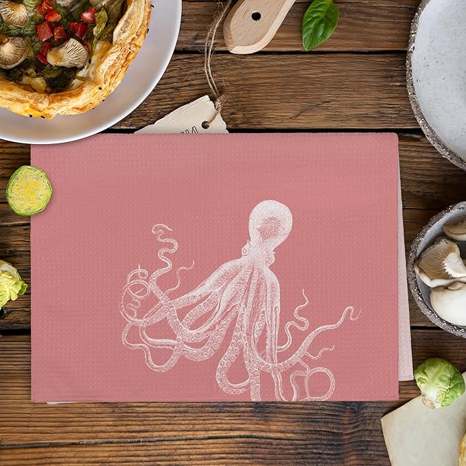 Coastal Pink Octopus Beach Decor Dish Hand Tea Towels for Bathroom Kitchen, Girly Octopus Ocean Nautical Beachy Bathroom Decor, Coastal Kitchen Towels and Dishcloths Sets of 2, 16x24 Inch