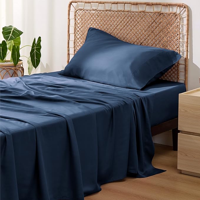 Bedsure Cooling Sheets Twin, Rayon Derived from Bamboo, Breathable & Soft Twin Sheets Set, Deep Pocket Up to 16 Inches, Hotel Luxury Silky Bedding for Hot Sleepers, Navy