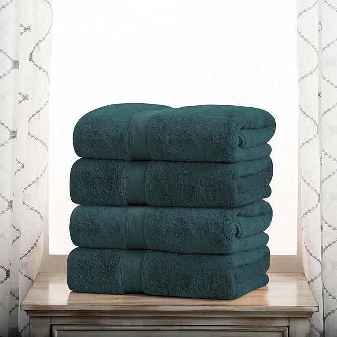 Superior Egyptian Cotton Pile Bath Towel Set of 4, Ultra Soft Luxury Towels, Thick Plush Essentials, Absorbent Heavyweight, Guest Bath, Hotel, Spa, Home Bathroom, Shower Basics, Teal