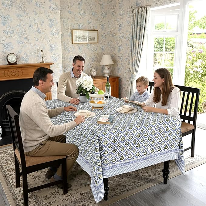 Ridhi Light Steel Blue Hand Block Print Cotton Rectangle Tablecloth 108" x 70" inches Reusable Table Cover Decorative Everyday Use for Dining, Farmhouse, Home, Party, Festive, Wedding, Fall